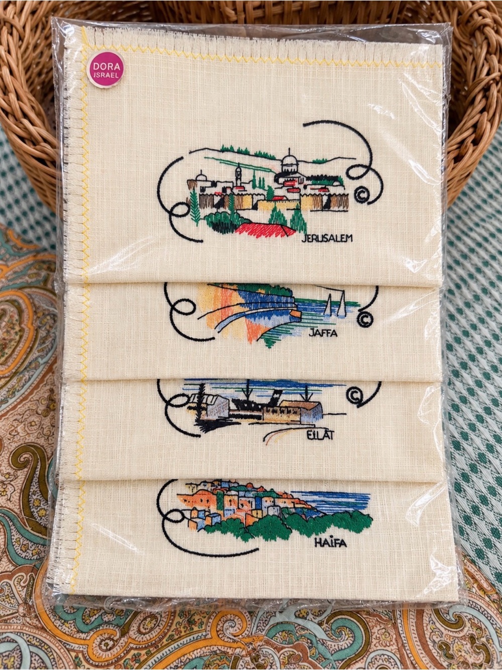 Vintage Dora Israel Embroidered Linen Napkins Set of FIVE Jerusalem Jaffa Haifa